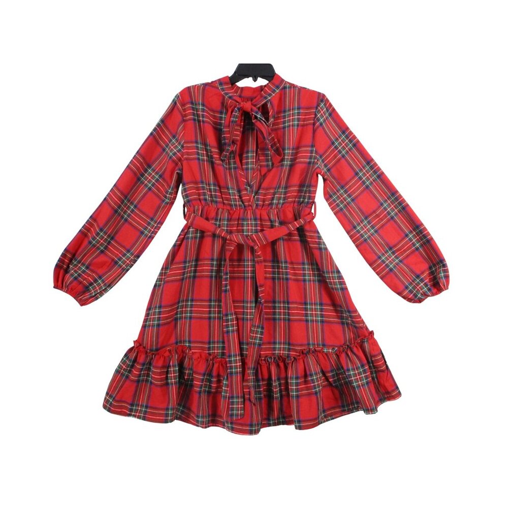 Red Plaid Long-Sleeve Ruffle Hem PDress With Tie Neck & Waist‎ Belt Size M